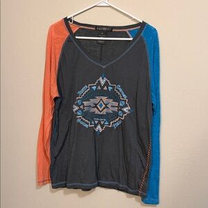 Cowgirl Tuff Grey Top with peach and Blue Sleeves